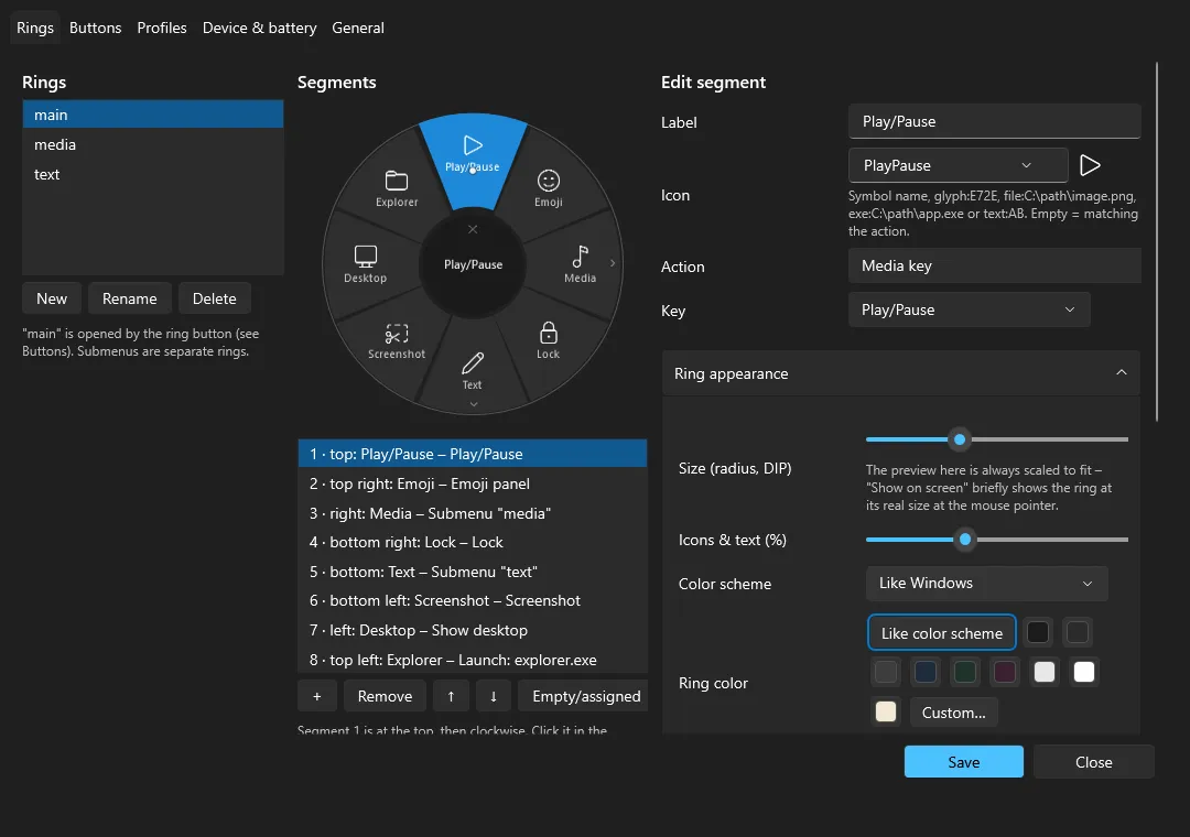 Settings: editing a ring with live preview
